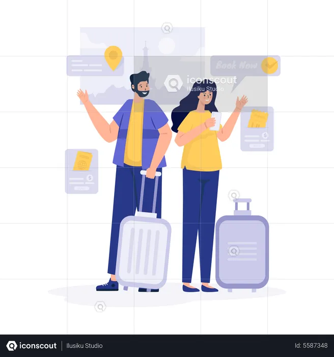 Couple effectuant une réservation en ligne pour une visite  Illustration