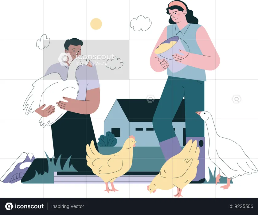Couple feeding poultry animals  Illustration