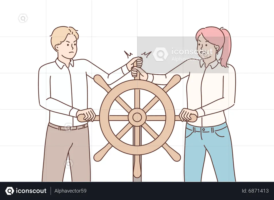 Couple fight for ship driving  Illustration