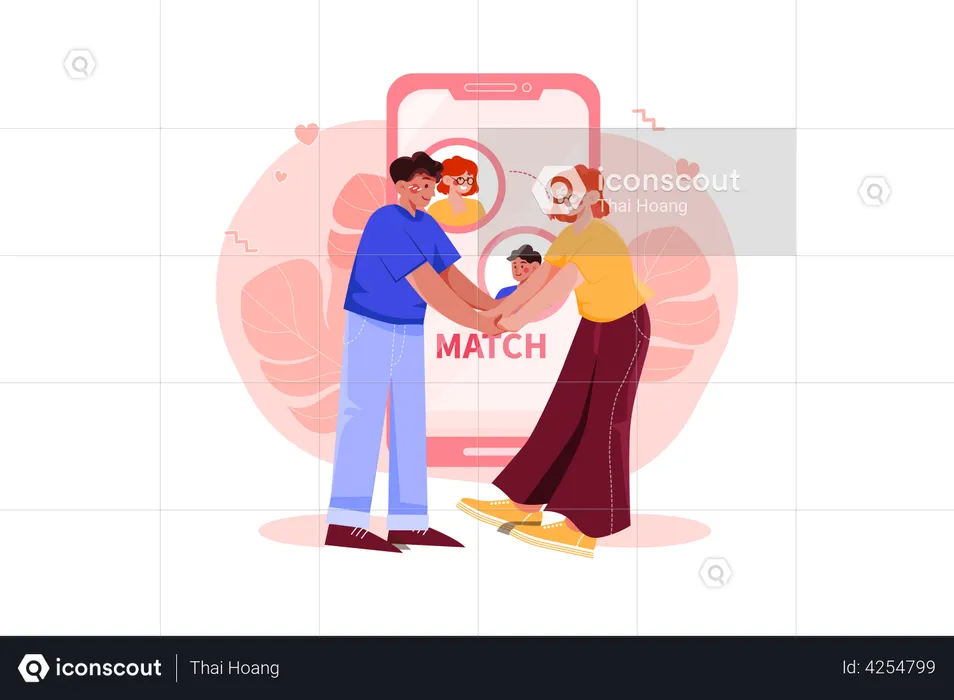 Couple finding a perfect match on online dating app  Illustration