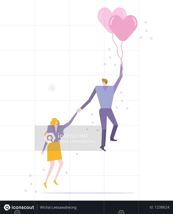 Couple flying with balloon heart  Illustration