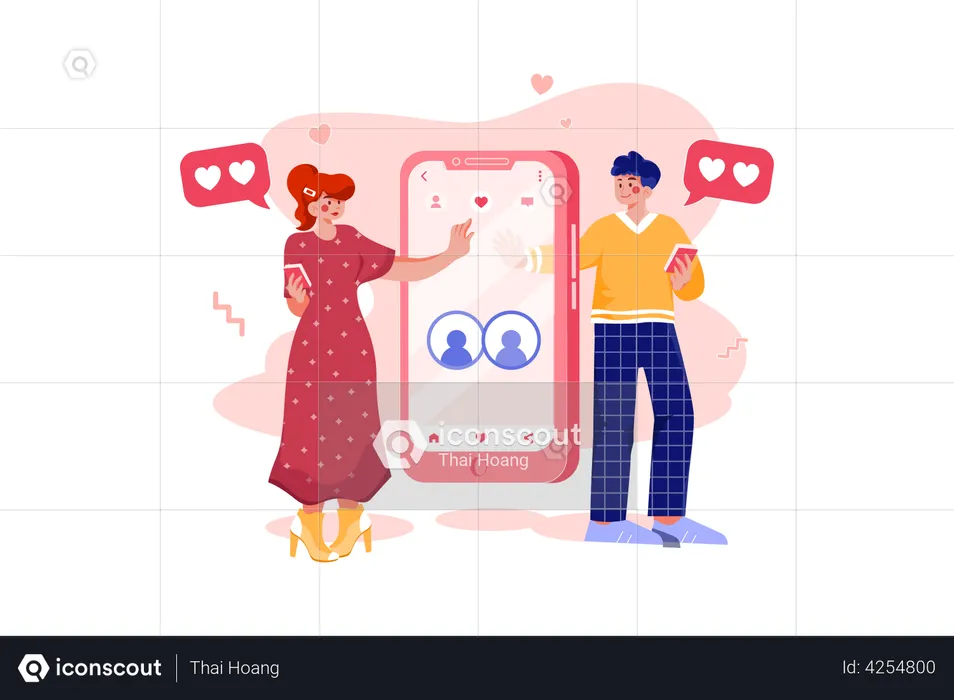 Couple found a match through an online dating app  Illustration