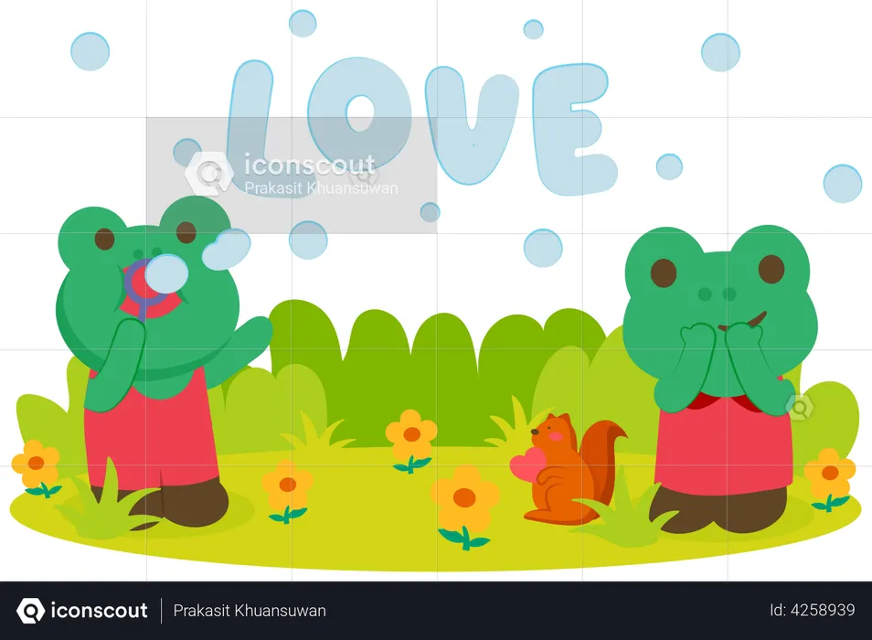 Couple frog blowing soap bubbles  Illustration