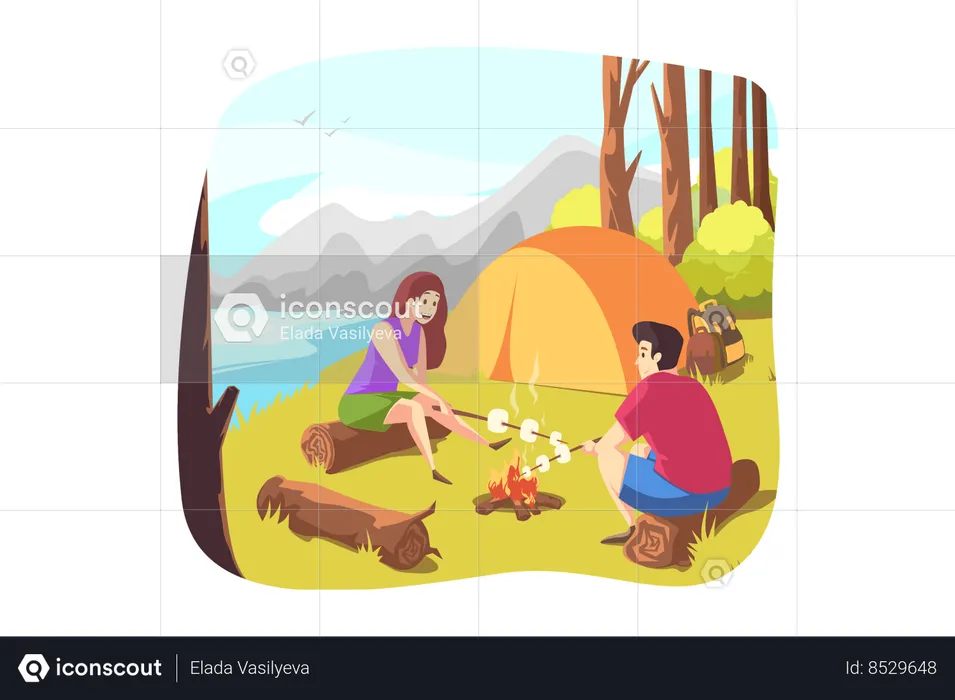 Couple frying marshmallow together  Illustration