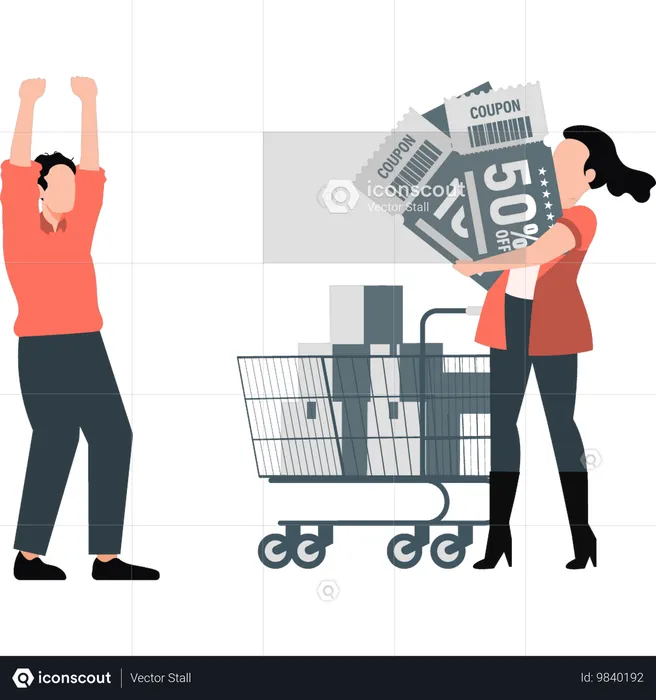 Couple gets discount coupons on shopping  Illustration