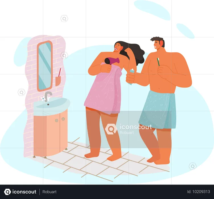 Couple getting ready together in bathroom  Illustration