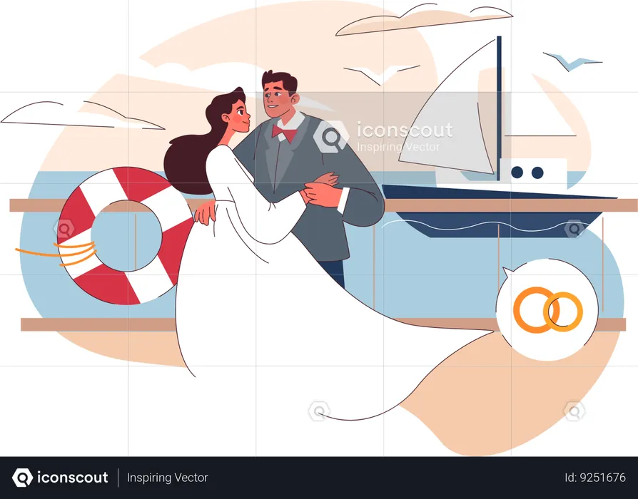 Couple giving romantic pose at ship  Illustration