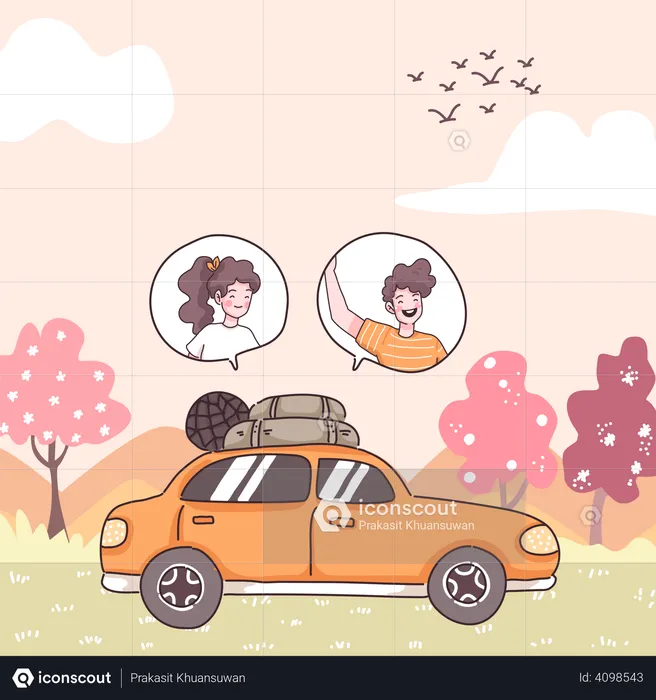 Couple going on vacation using car  Illustration