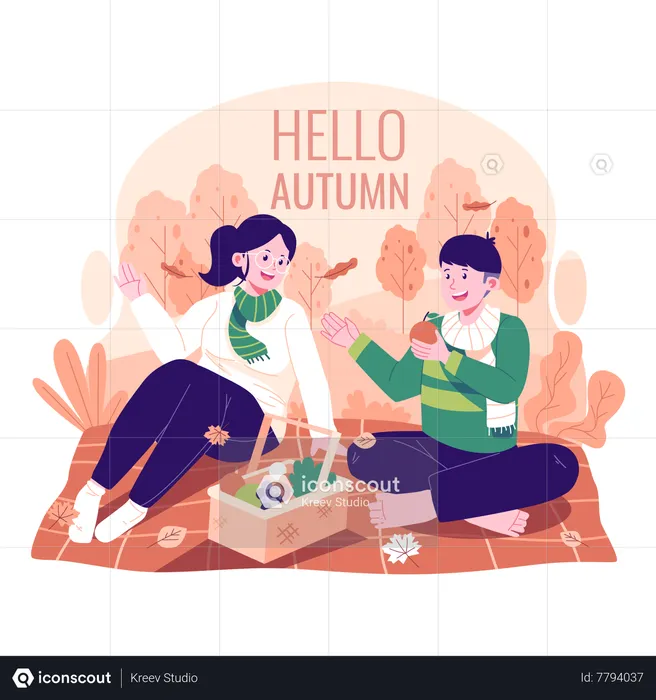 Couple having a picnic in autumn  Illustration