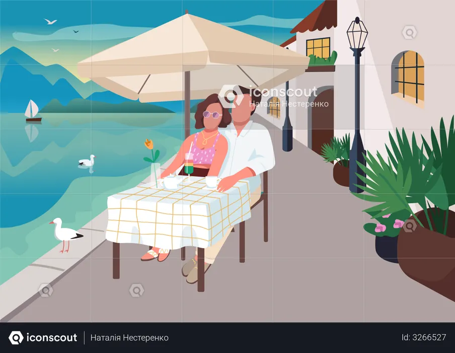 Couple having breakfast in seaside resort cafe  Illustration