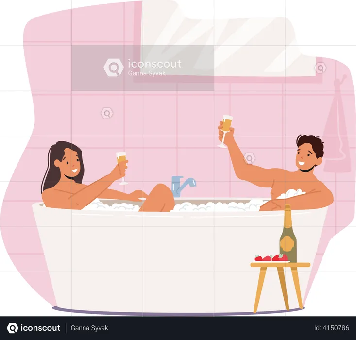 Couple having date in bathtub  Illustration