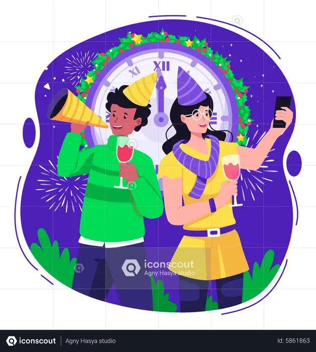 Couple Having Fun Celebrating New Year With Clock Showing 12 O'clock  Illustration
