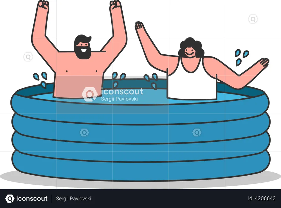 Couple having fun in inflatable pool  Illustration