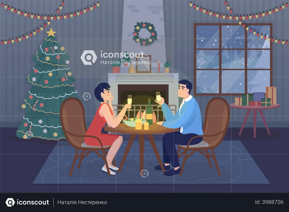 Couple having romantic dinner date during christmas  Illustration