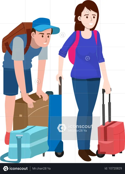 Couple heureux avec valises et bagages à l'aéroport  Illustration