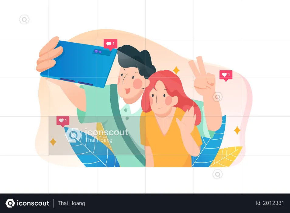 Un couple heureux prend un selfie pendant leurs vacances  Illustration