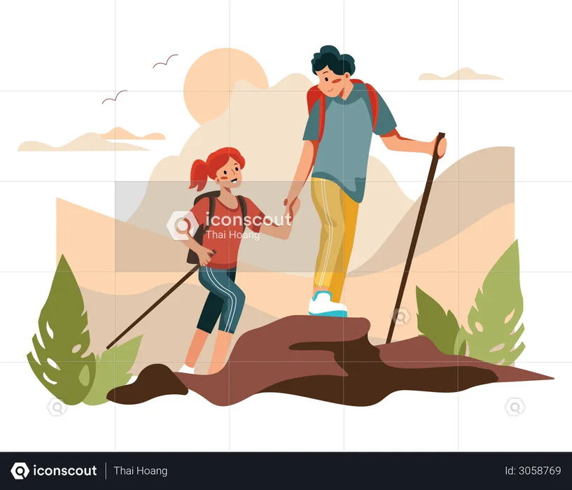 Couple hiking on mountain  Illustration