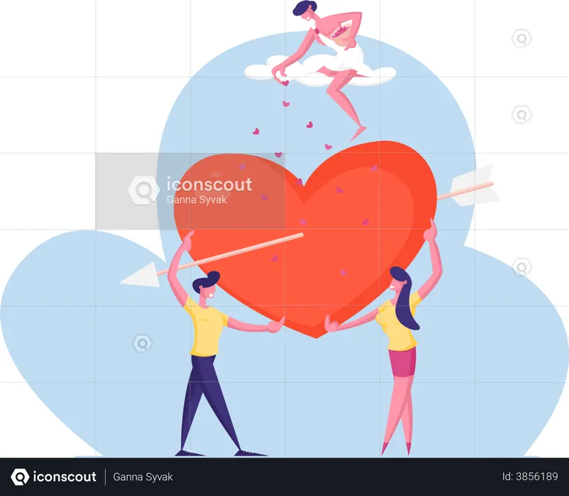 Couple holding big heart during valentines day  Illustration