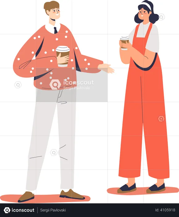 Couple holding coffee disposable cups  Illustration