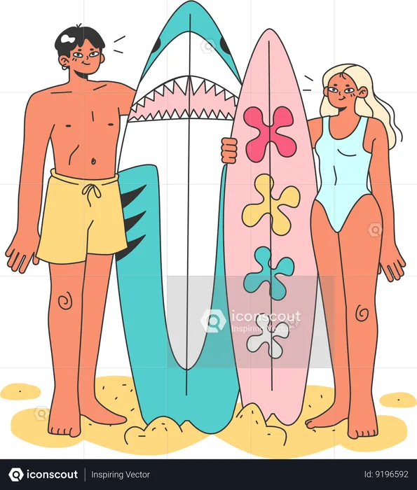 Couple holding surfboard  Illustration