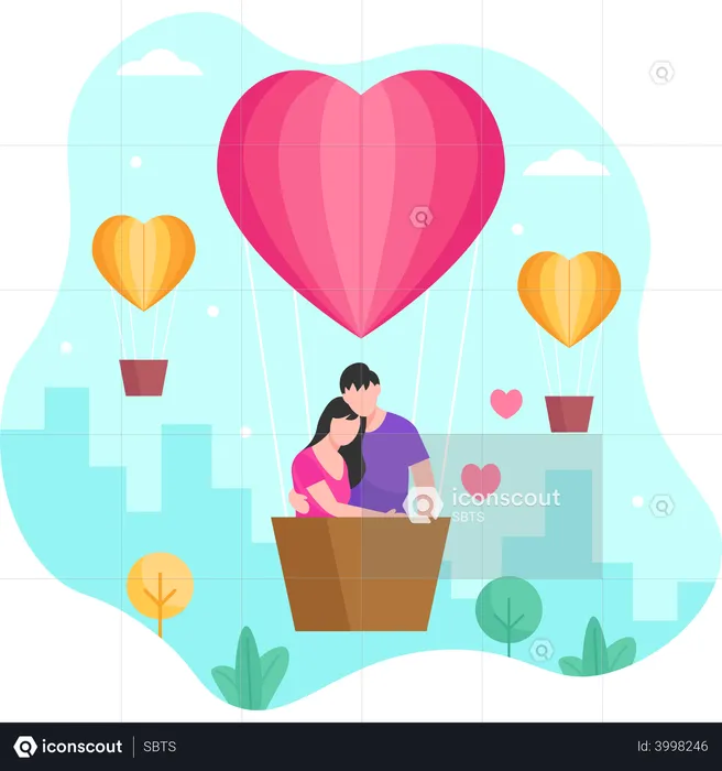 Couple hugging on hot air balloon  Illustration