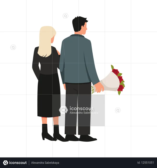 장례식에서 장례식 꽃을 든 어두운 옷을 입은 커플  일러스트레이션
