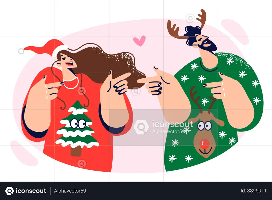Couple in love is wearing christmas sweaters and smiling  Illustration