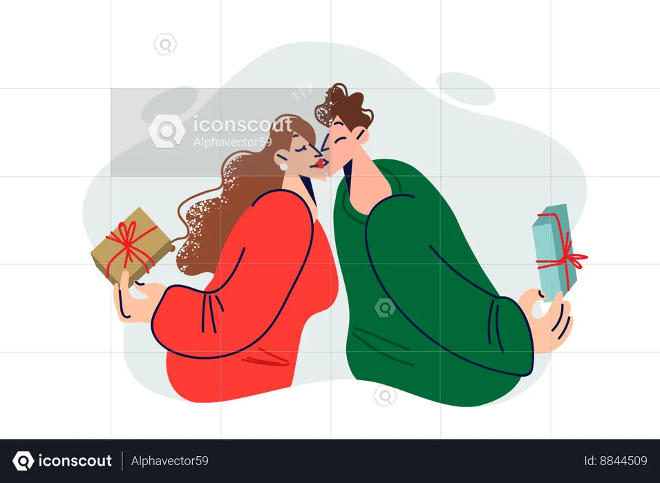 Couple in love kissing each other after exchanging christmas gifts on new year eve or valentine day  Illustration