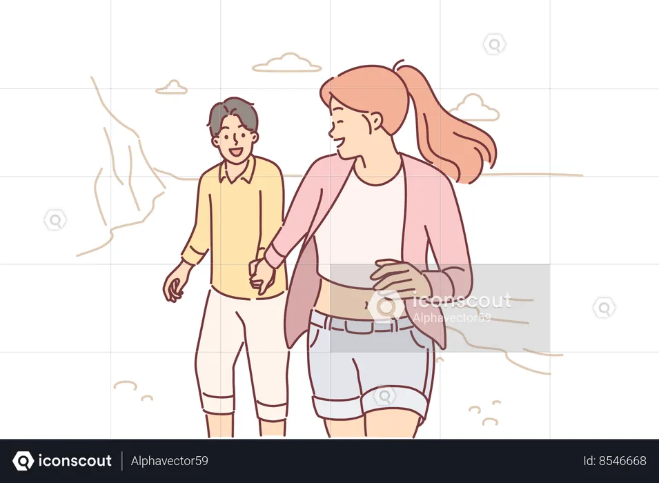 Couple in love runs along beach enjoying joint vacation and trip to exotic island in ocean  Illustration