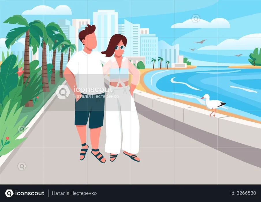 Couple in love walking along seafront  Illustration