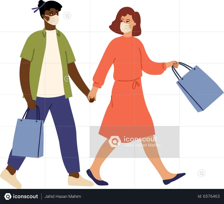 Couple in mask holding shopping bags  Illustration