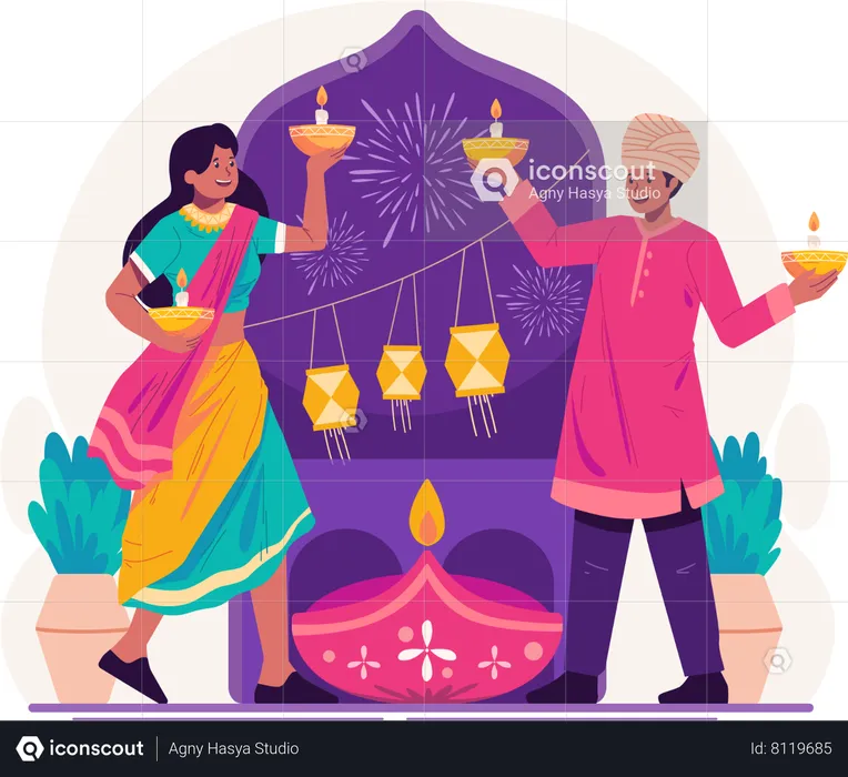Couple indien en vêtements traditionnels tenant des lampes à huile allumées  Illustration