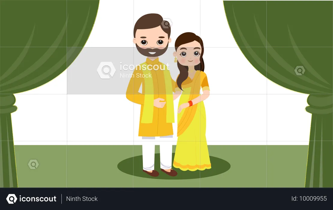 Couple indien portant un costume jaune en fonction Haldi  Illustration