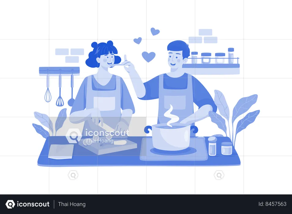Couple Is Cooking Together  Illustration