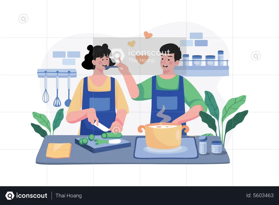 Couple Is Cooking Together  Illustration