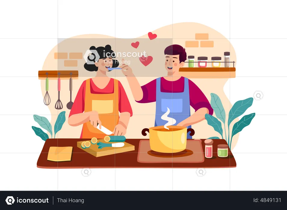 Couple Is Cooking Together  Illustration