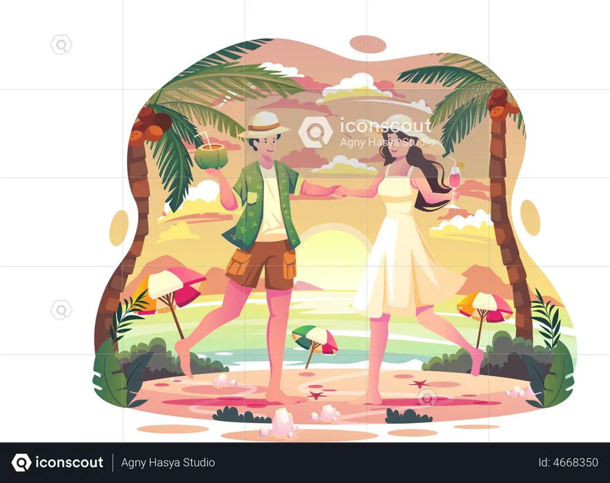 Couple is dancing at the summer beach party in the afternoon  Illustration