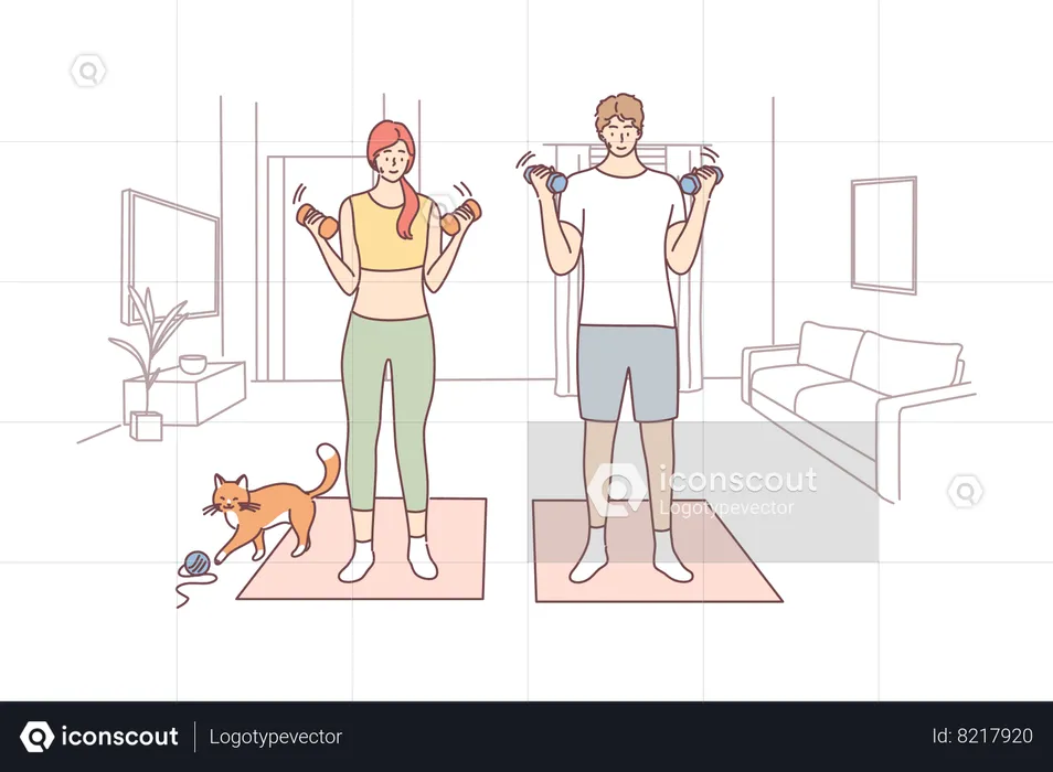 Couple is doing exercise using dumb bells  Illustration