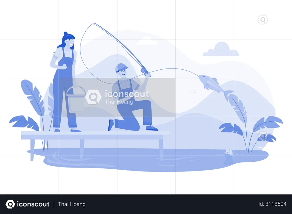 Couple is enjoying fishing activity  Illustration