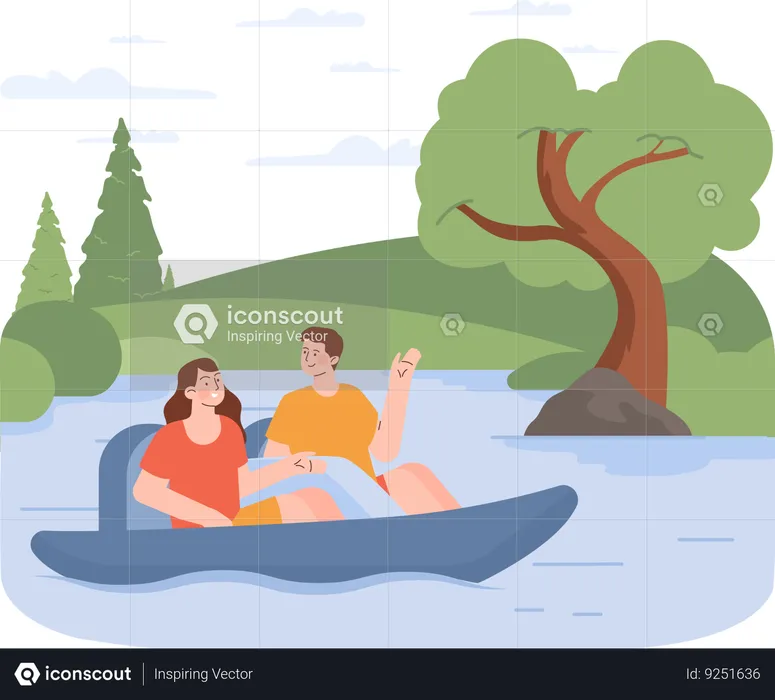 Couple is paddling boat  Illustration