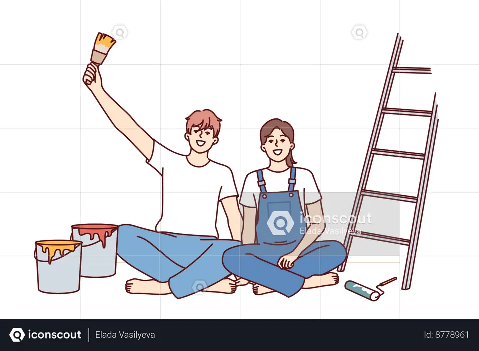 Couple is painting their house wall  Illustration