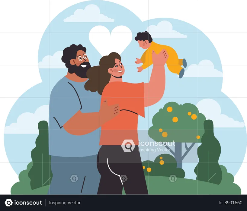 Couple is playing with their infant in park  Illustration