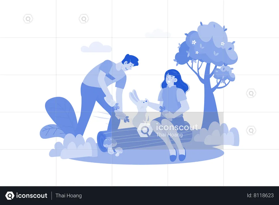 Couple is playing with their pet rabbit in park  Illustration