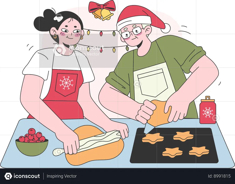 Couple is preparing food for christmas party  Illustration
