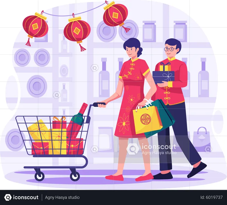 Couple is shopping grocery during Chinese new year  Illustration