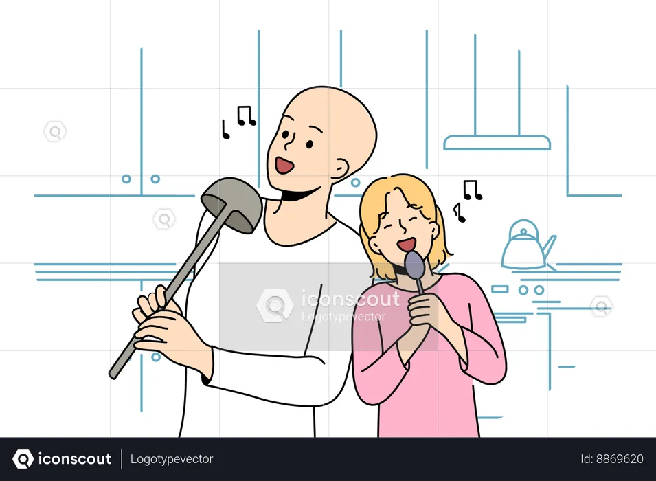 Couple is singing in kitchen  Illustration