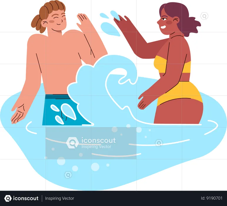 Couple is splashing water on each other  Illustration