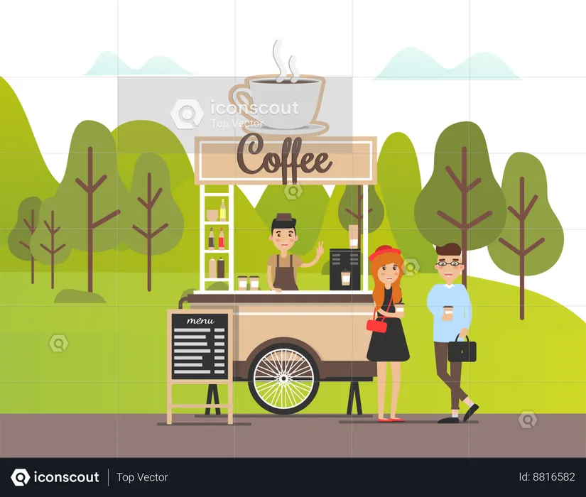 Couple is standing at coffee stall  Illustration
