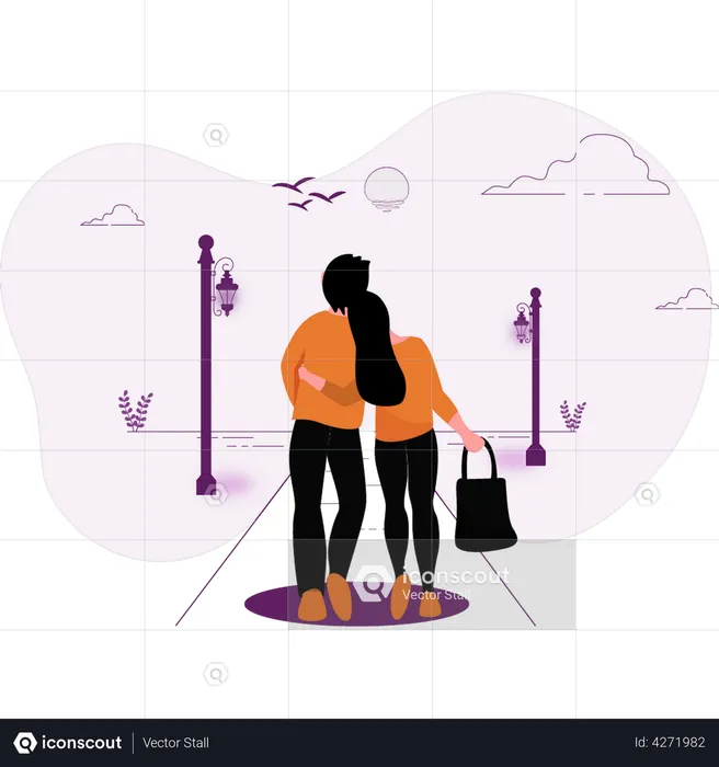 Couple is walking on road  Illustration