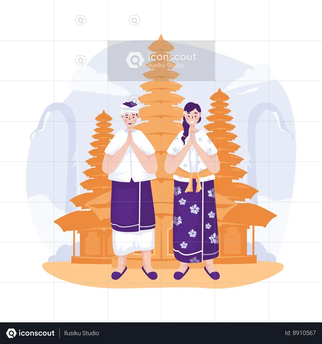 Couple is welcoming Balinese Nyepi day  Illustration